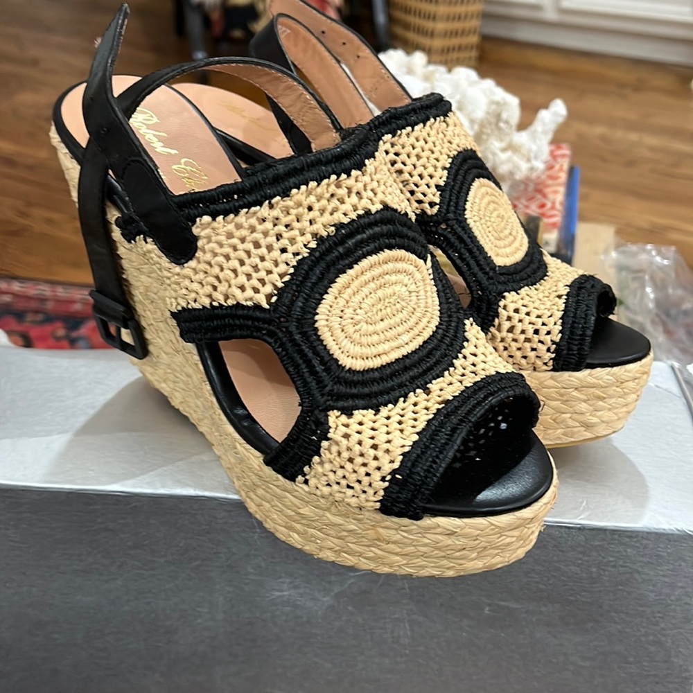 Robert Clergerie Raphia Black and Tan Wedges